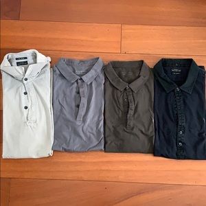 Beige, light gray, brown, and navy blue polos.
